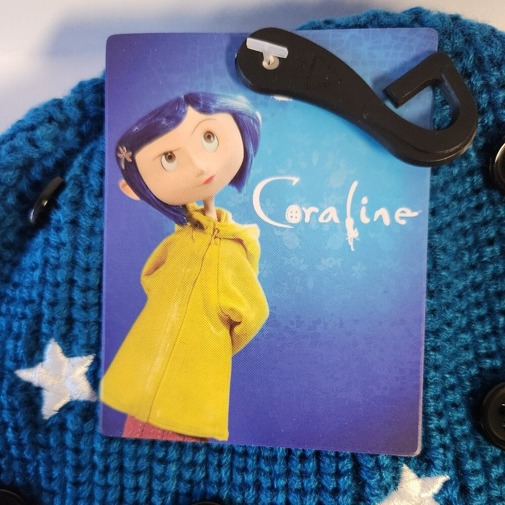 Coraline Beanie Hat Buttons And Stars Pattern Coraline Patch Blue One Size New - Picture 5 of 5
